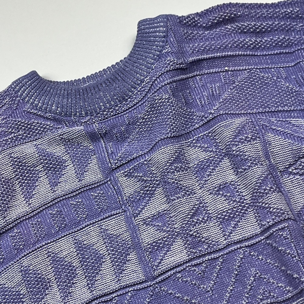 Vtg Claiborne Geometric Textured Knit Cotton Sweater Mens L Purple USA Grampcore